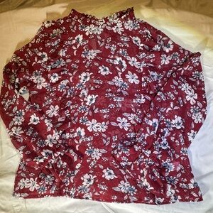 Active USA Women’s Chiffon Sheer Top Size M Red White Floral Ruffles